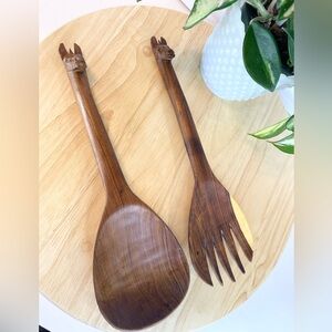 Vintage Teak Wood Salad Serving Spoon Fork African Carved Lama Wooden Animal Art